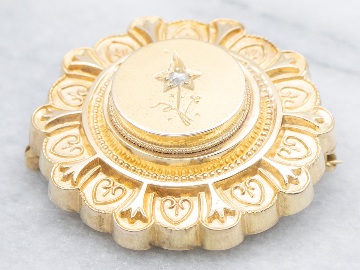 Antique Gold Brooch with Sweetheart Pattern and Rose Cut Diamond Floral Center