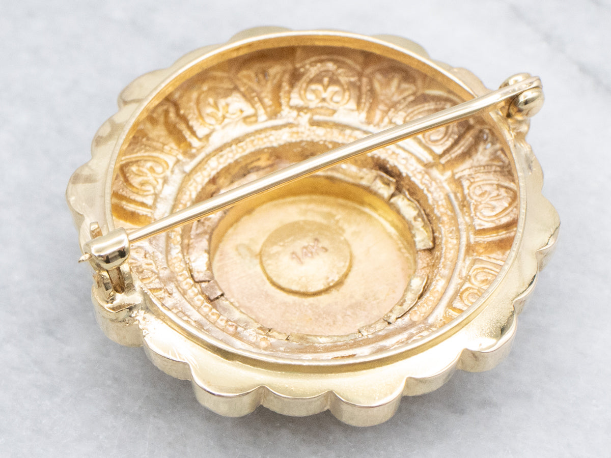 Antique Gold Brooch with Sweetheart Pattern and Rose Cut Diamond Floral Center