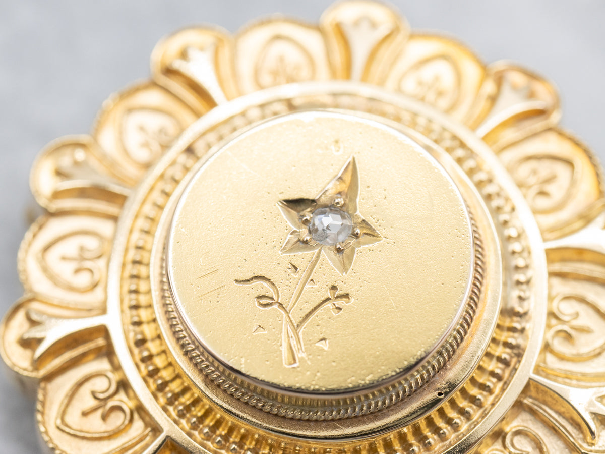 Antique Gold Brooch with Sweetheart Pattern and Rose Cut Diamond Floral Center