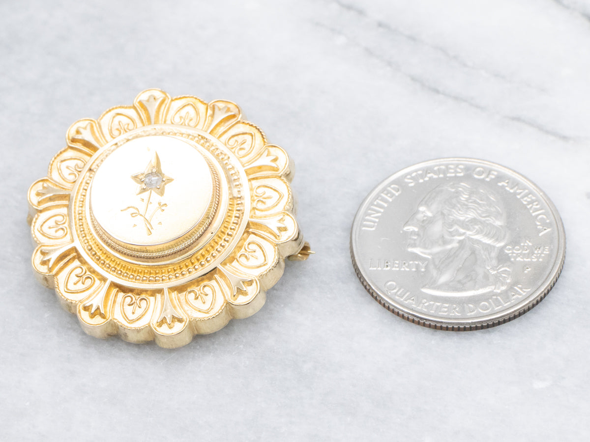 Antique Gold Brooch with Sweetheart Pattern and Rose Cut Diamond Floral Center