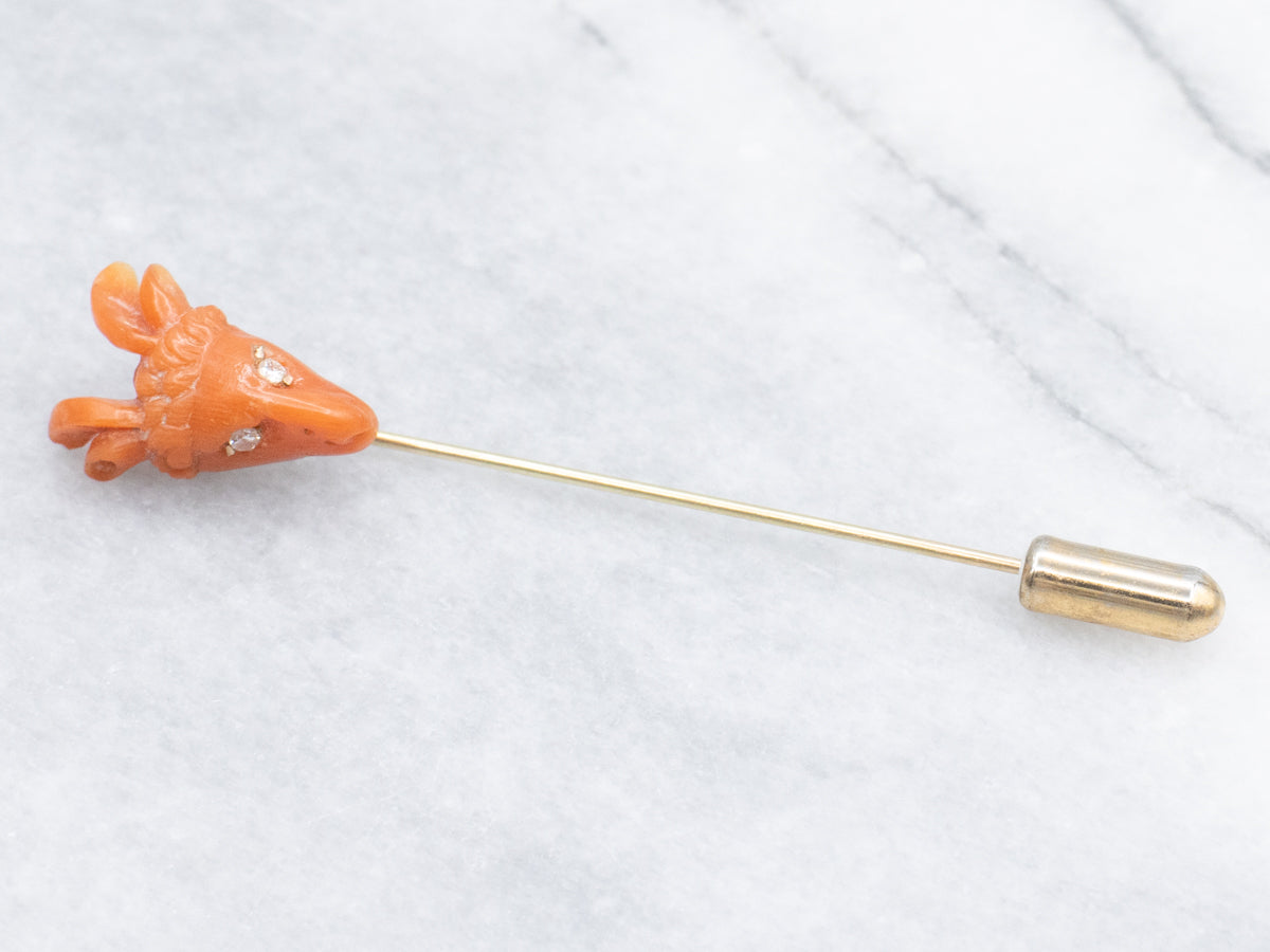 Victorian Carved Coral Ram's Head Stick Pin with Sapphires