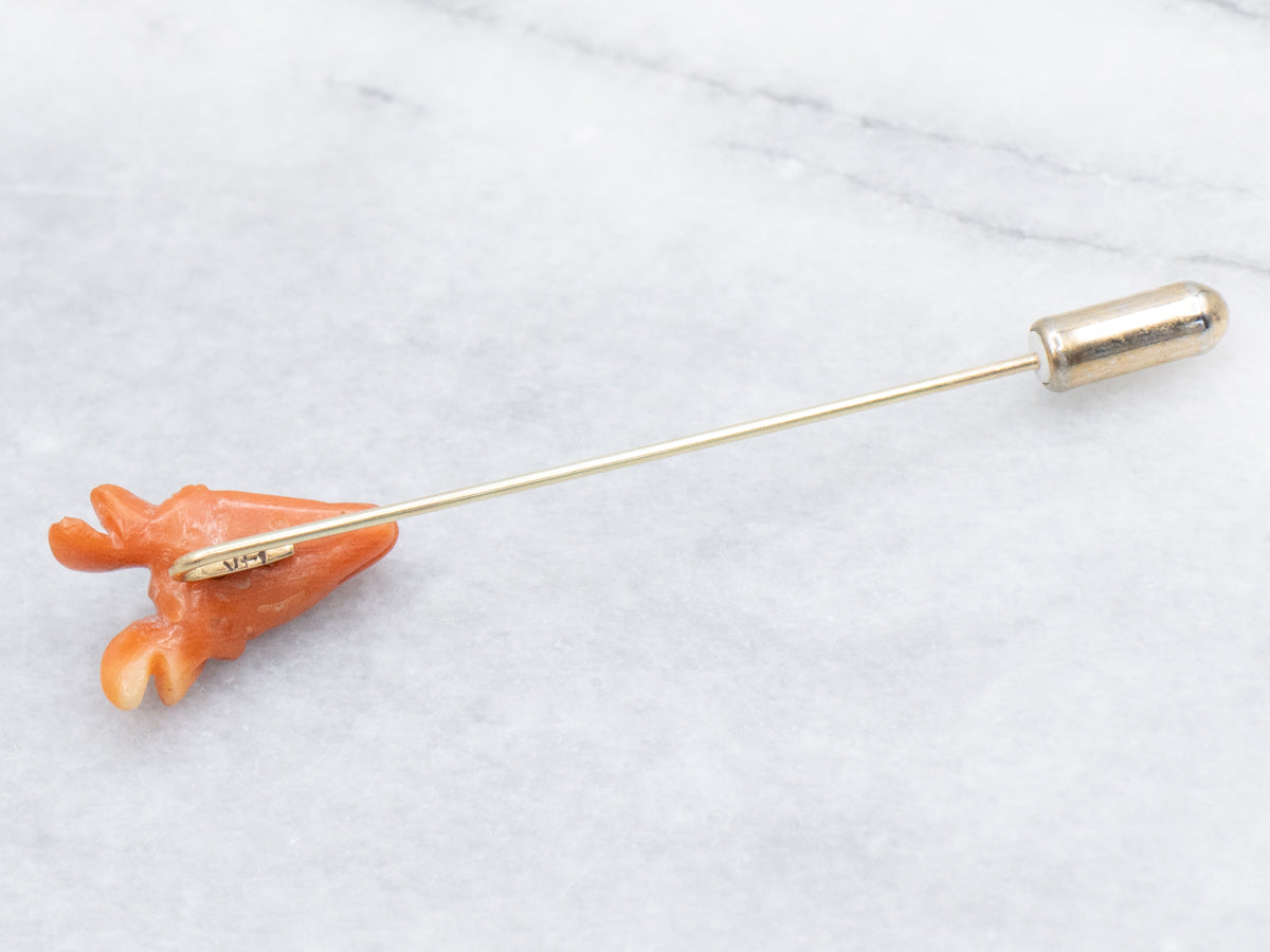 Victorian Carved Coral Ram's Head Stick Pin with Sapphires