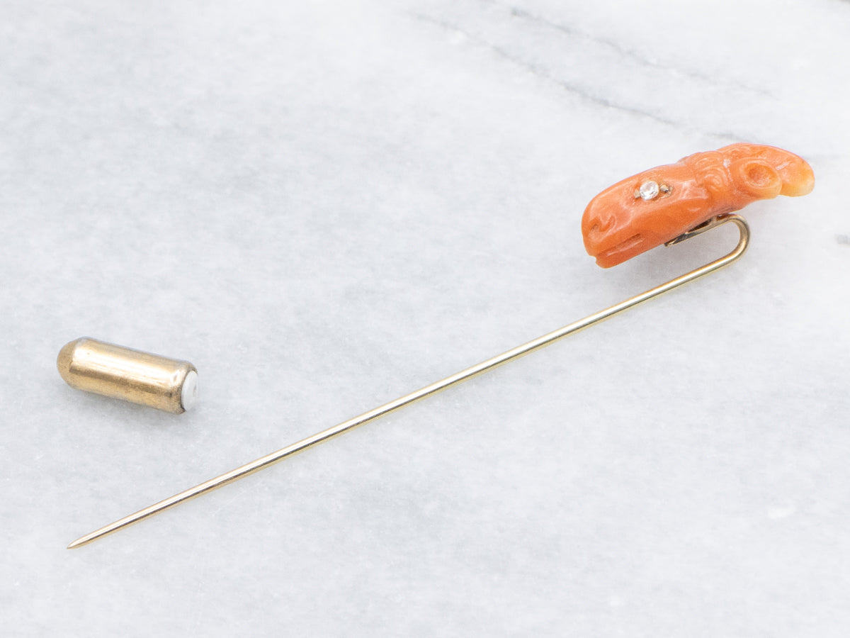 Victorian Carved Coral Ram's Head Stick Pin with Sapphires