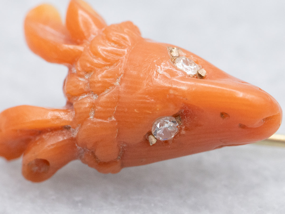 Victorian Carved Coral Ram's Head Stick Pin with Sapphires