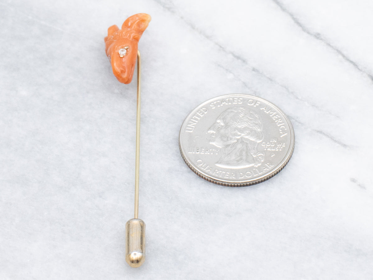 Victorian Carved Coral Ram's Head Stick Pin with Sapphires
