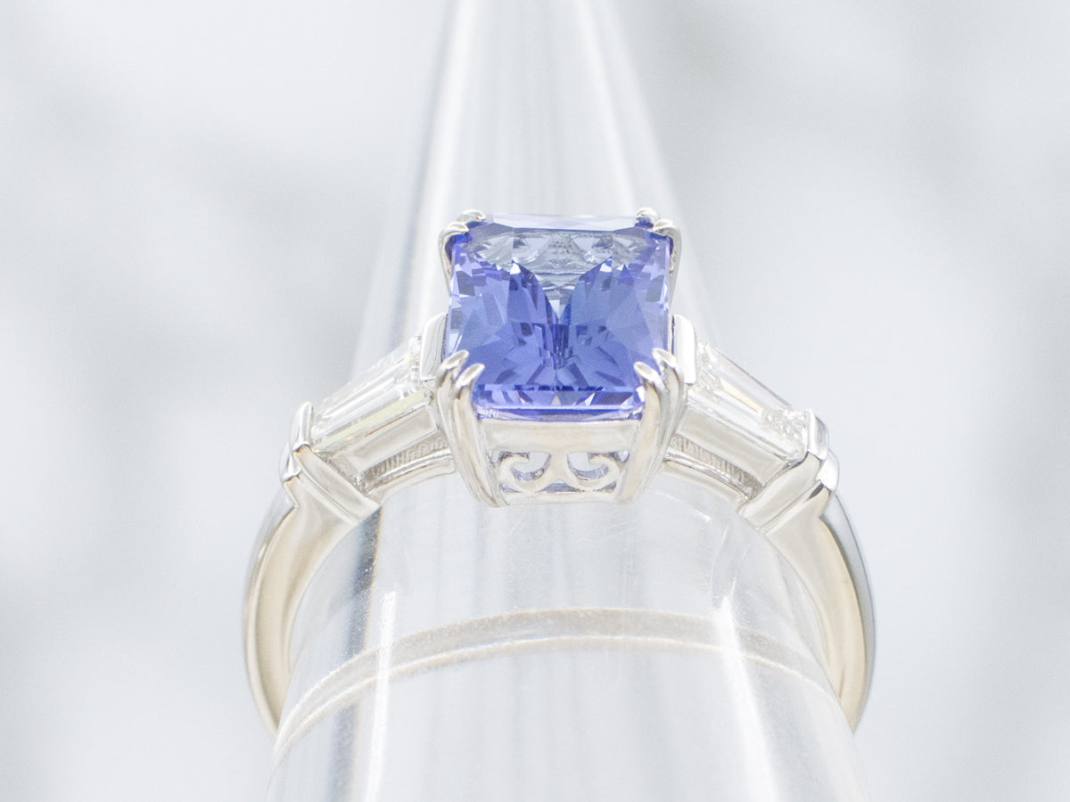 Tanzanite and White Gold Ring with Baguette-Cut Diamond Accent