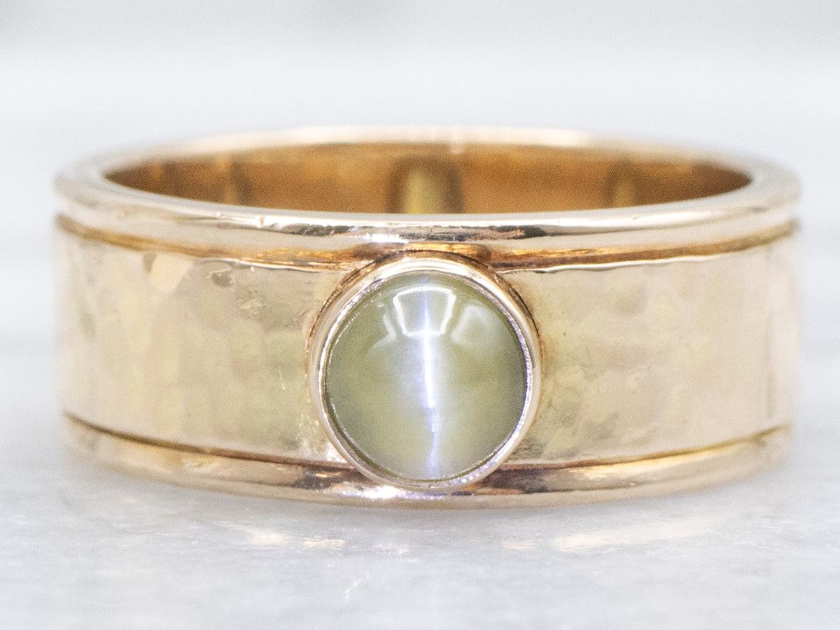 Cat's Eye Chrysoberyl Hammered Yellow Gold Ring