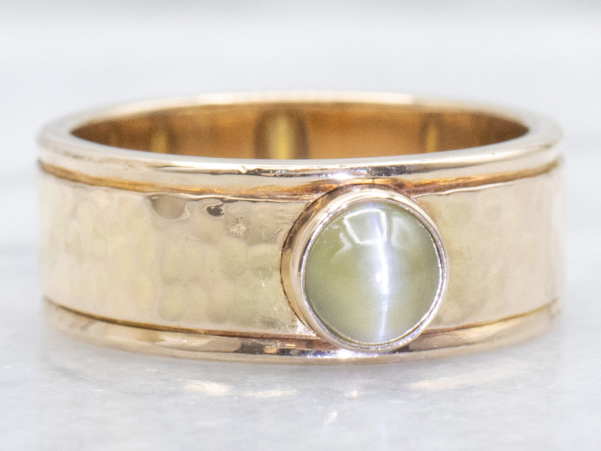 Cat's Eye Chrysoberyl Hammered Yellow Gold Ring