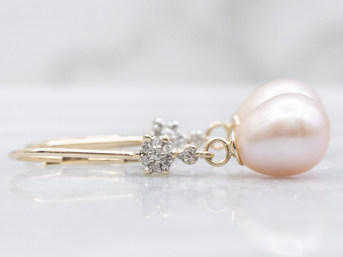 Rose Pearl and Diamond Cluster Drop Earrings