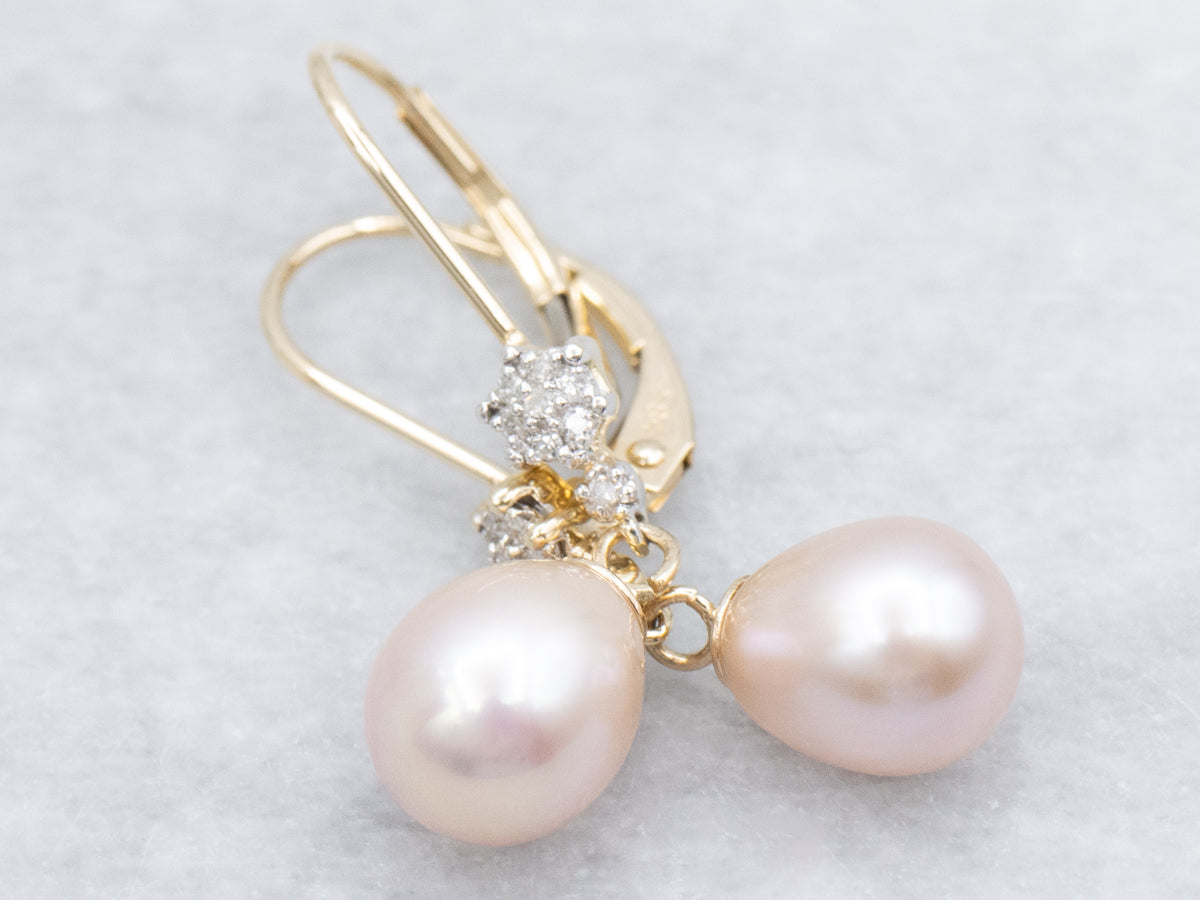 Rose Pearl and Diamond Cluster Drop Earrings