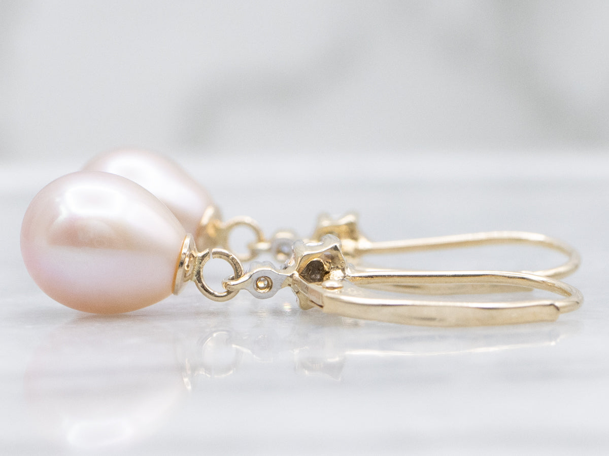 Rose Pearl and Diamond Cluster Drop Earrings