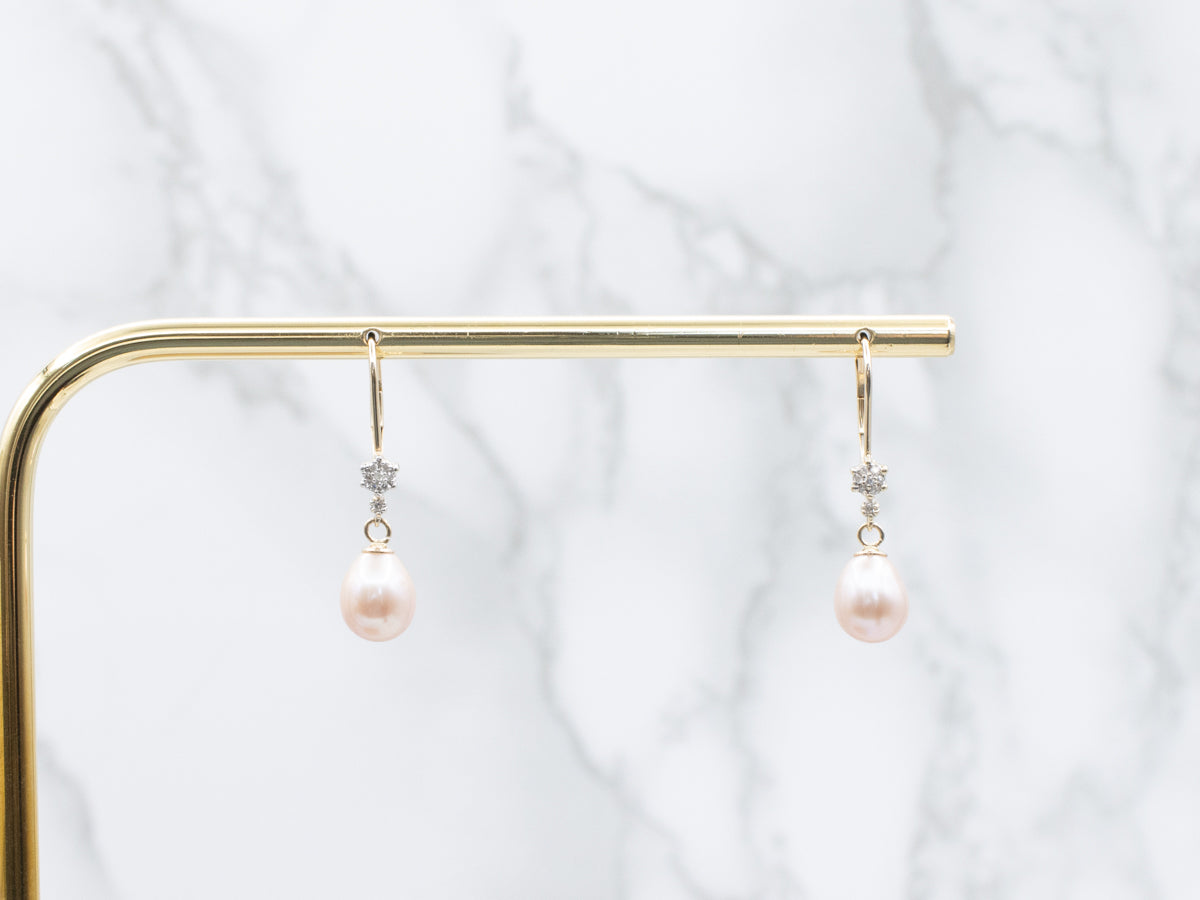 Rose Pearl and Diamond Cluster Drop Earrings