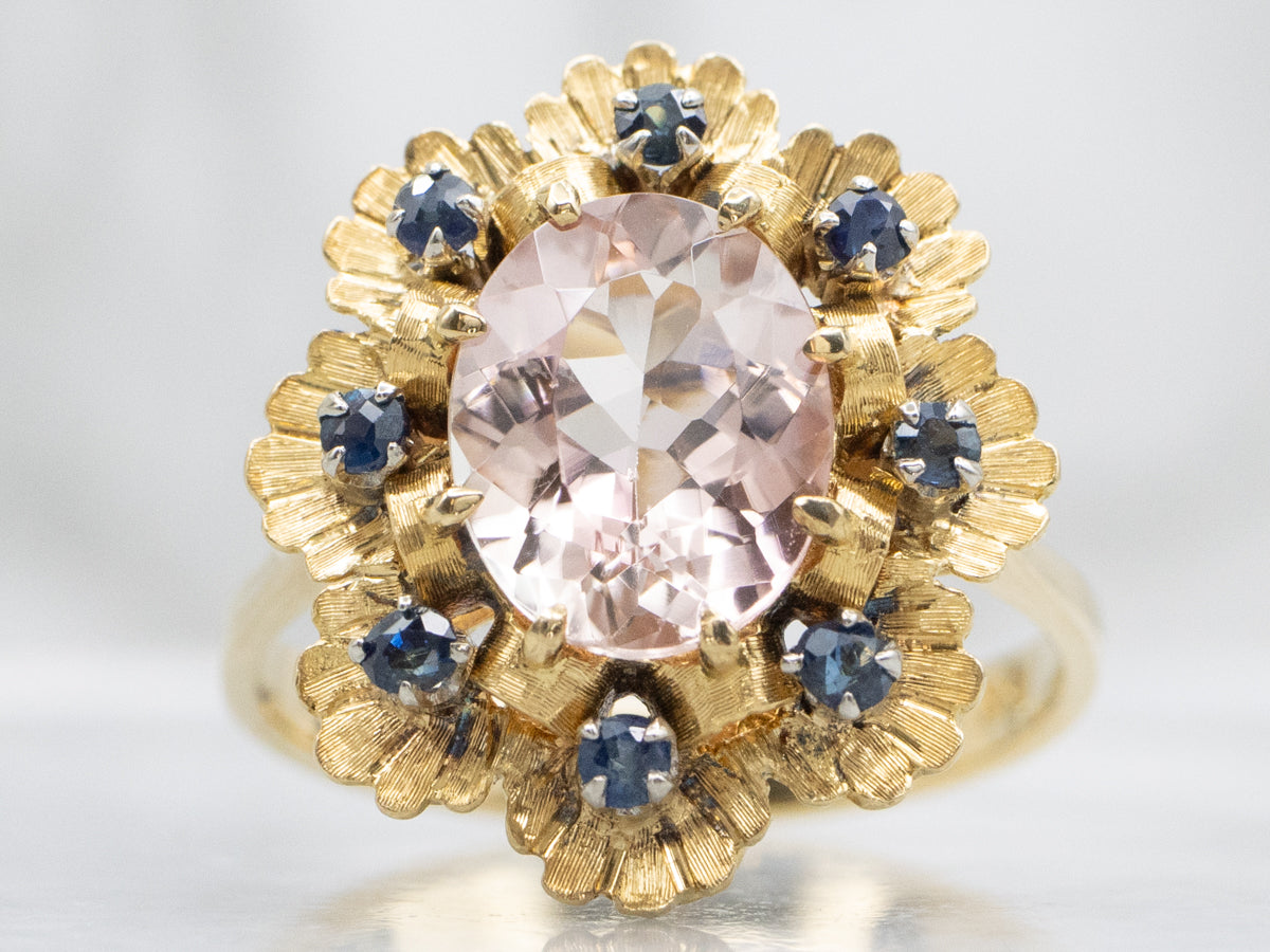 Pink Tourmaline and Sapphire Halo Gold Flower Ring