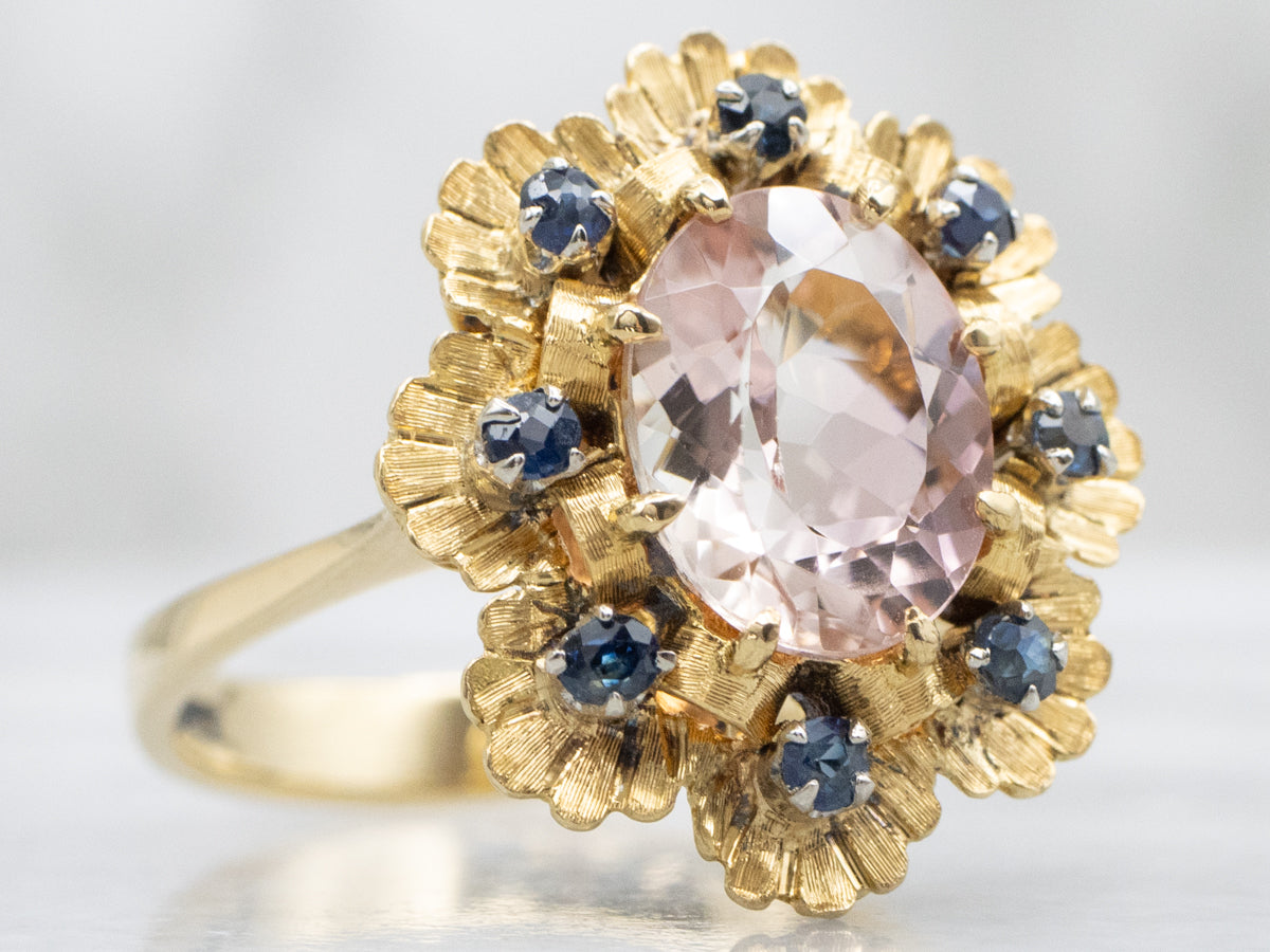 Pink Tourmaline and Sapphire Halo Gold Flower Ring