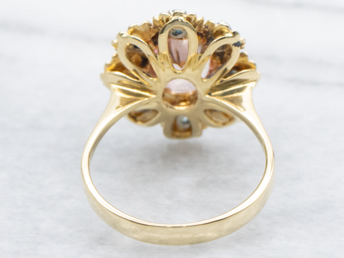 Pink Tourmaline and Sapphire Halo Gold Flower Ring
