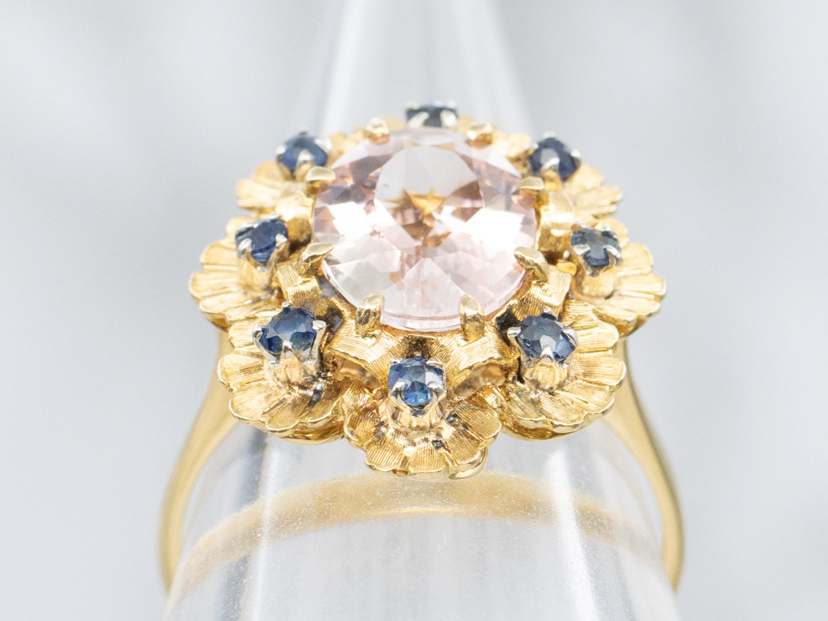 Pink Tourmaline and Sapphire Halo Gold Flower Ring