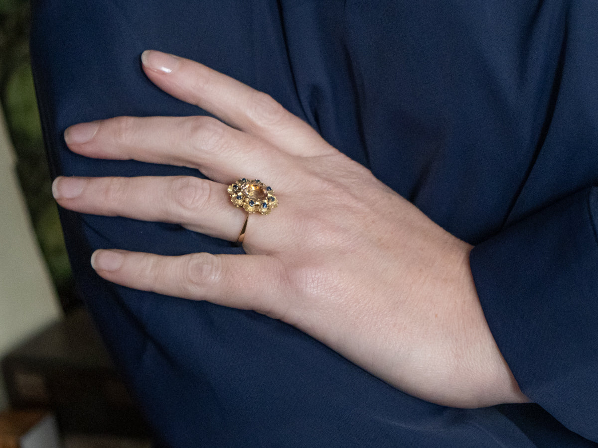 Pink Tourmaline and Sapphire Halo Gold Flower Ring