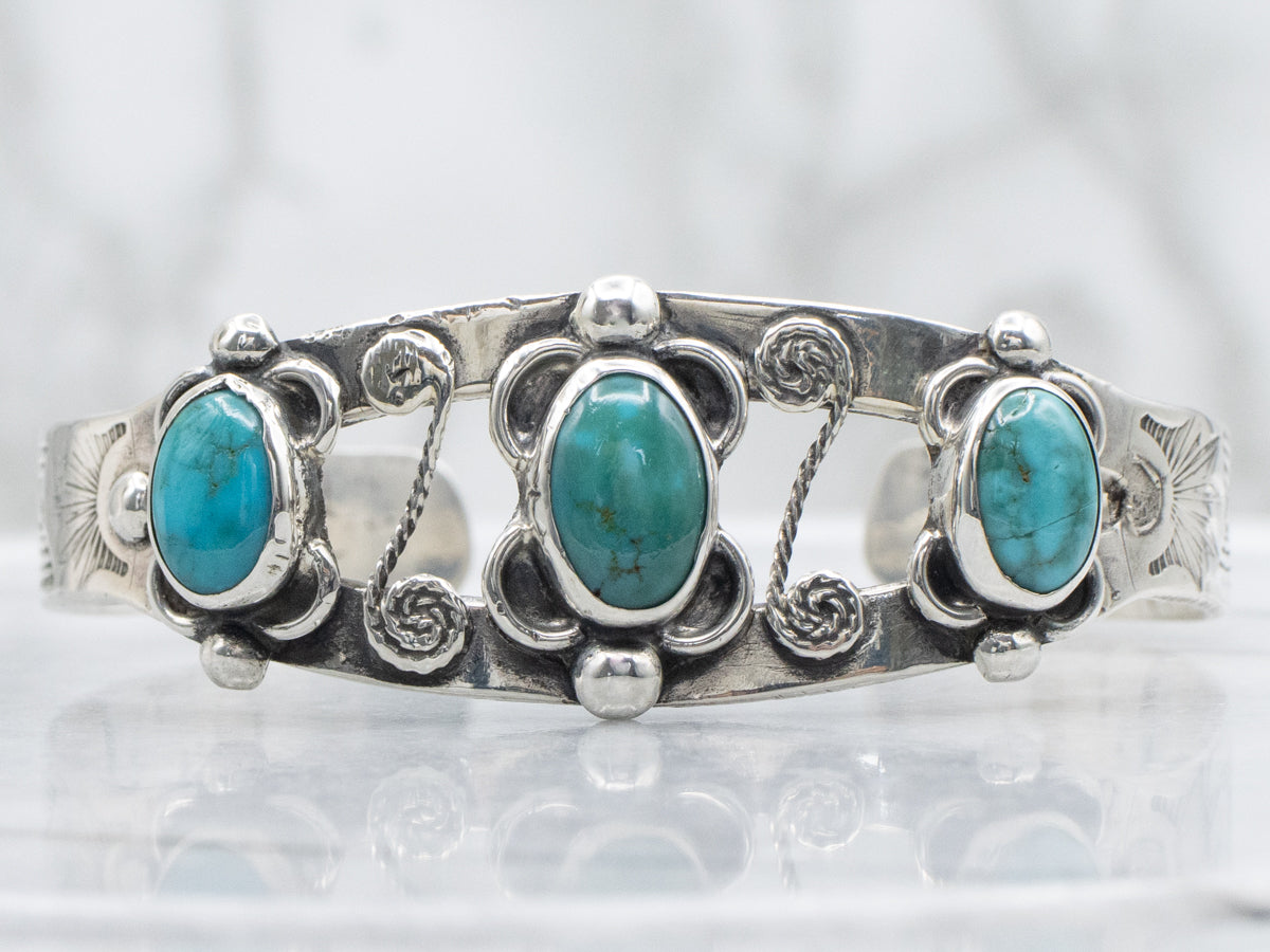 Sterling Silver Turquoise Scrolling South-West Style Cuff Bracelet