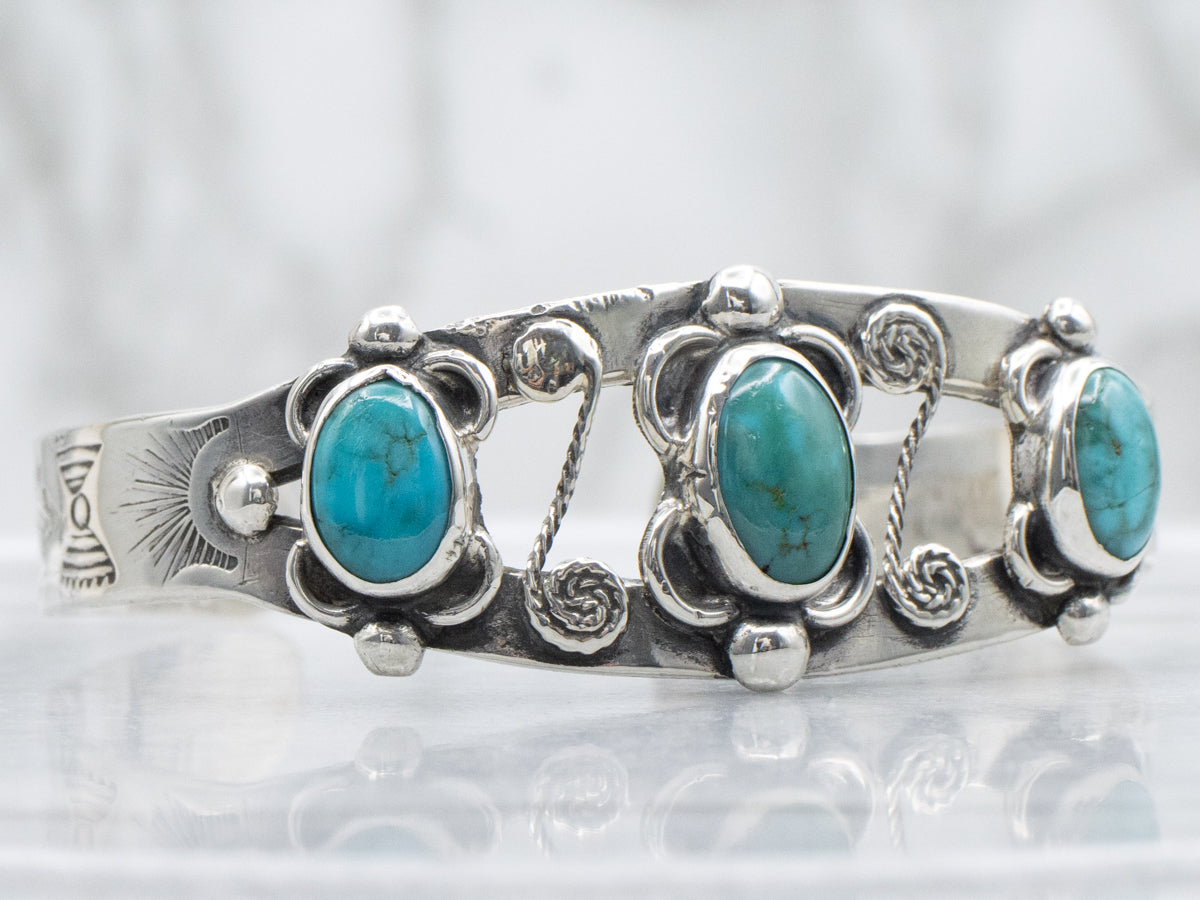 Sterling Silver Turquoise Scrolling South-West Style Cuff Bracelet
