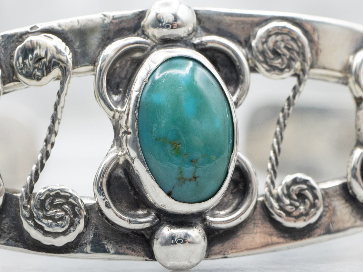 Sterling Silver Turquoise Scrolling South-West Style Cuff Bracelet