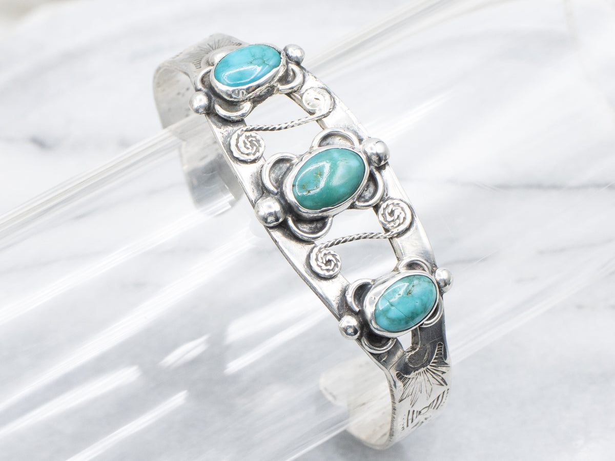 Sterling Silver Turquoise Scrolling South-West Style Cuff Bracelet