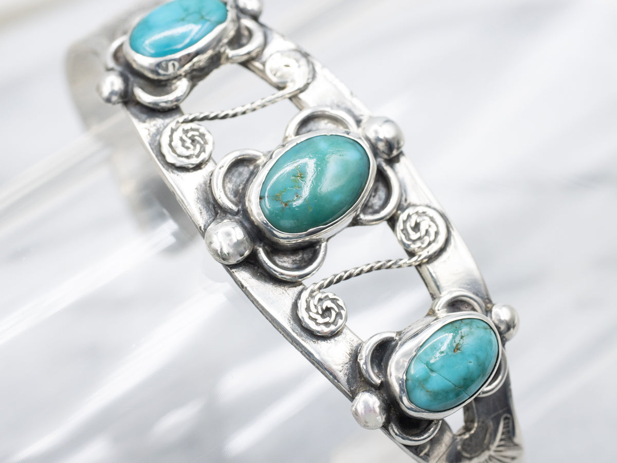 Sterling Silver Turquoise Scrolling South-West Style Cuff Bracelet