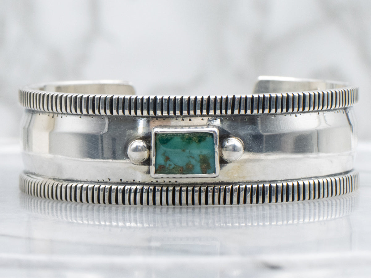 Sterling Silver Rectangle-Cut Turquoise Cuff Bracelet with Ribbed Edge