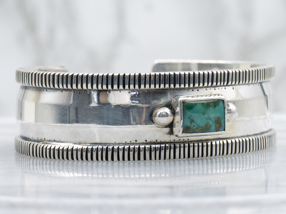 Sterling Silver Rectangle-Cut Turquoise Cuff Bracelet with Ribbed Edge