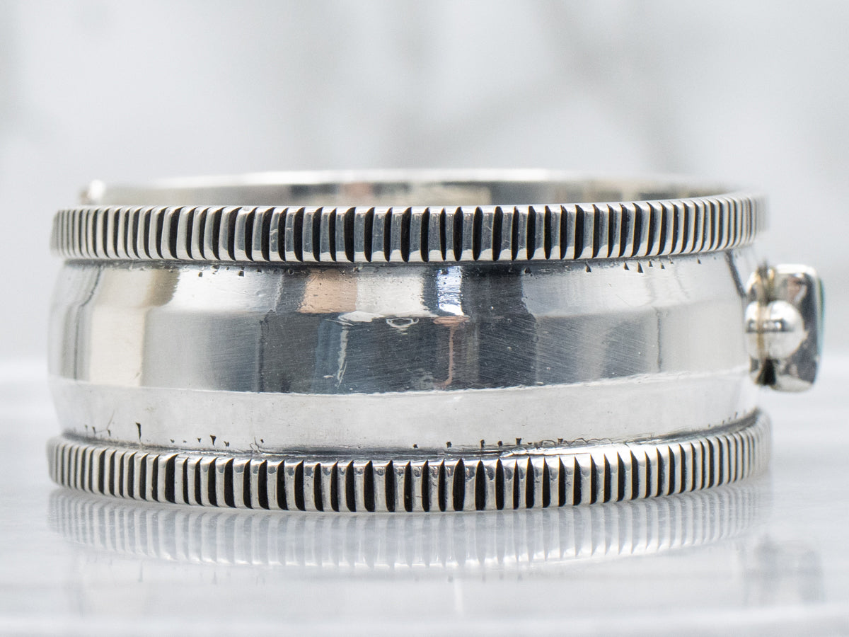Sterling Silver Rectangle-Cut Turquoise Cuff Bracelet with Ribbed Edge