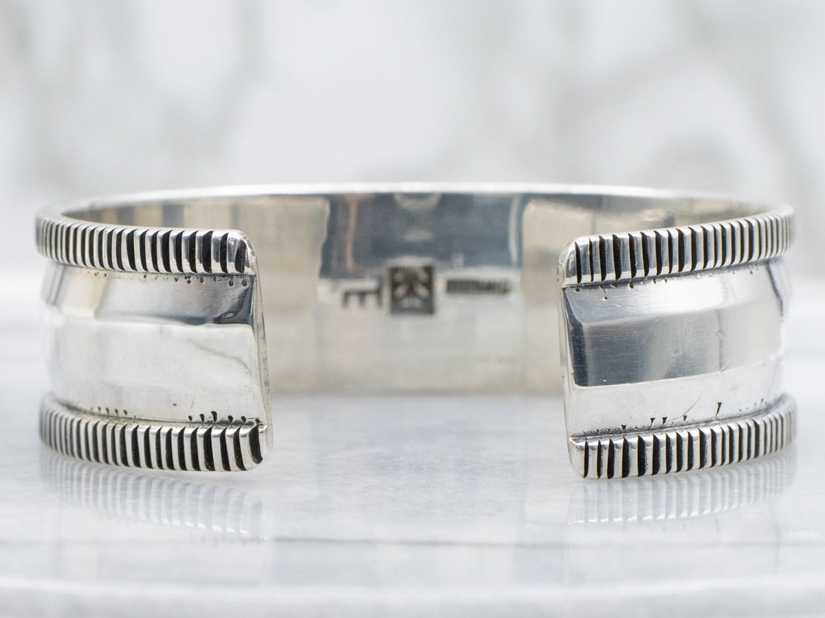 Sterling Silver Rectangle-Cut Turquoise Cuff Bracelet with Ribbed Edge