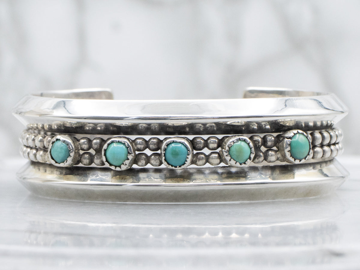 Sterling Silver Vintage Petit Point Turquoise Cuff Bracelet