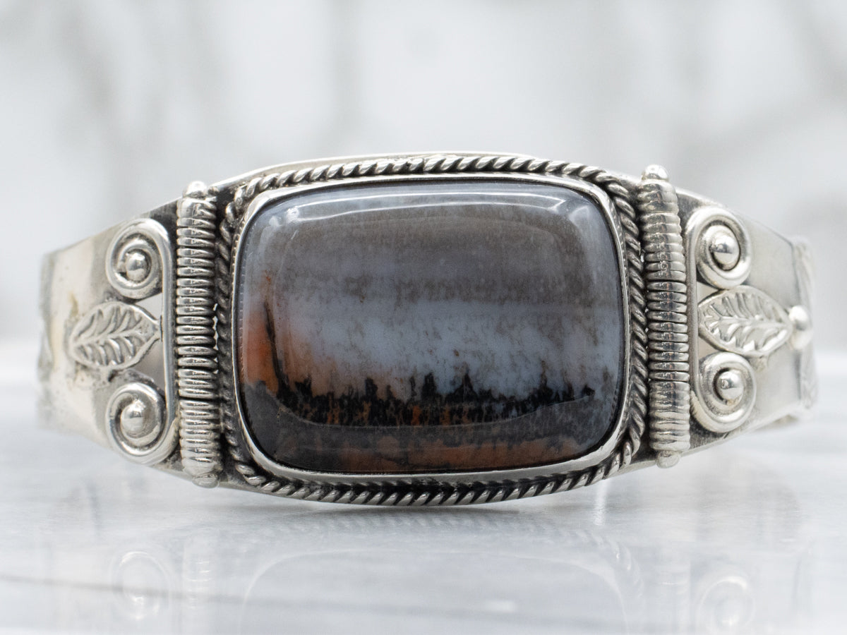 Sterling Silver Rectangle-Cut Agate Botanical Stamped Cuff Bracelet