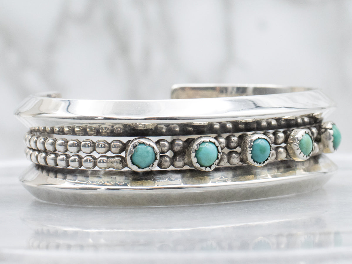 Sterling Silver Vintage Petit Point Turquoise Cuff Bracelet