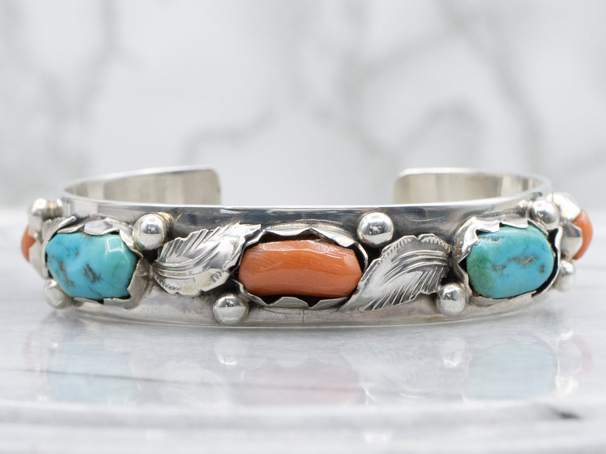 Sterling Silver Vintage Dan Simplicio Navajo Turquoise and Coral Botanical Cuff Bracelet