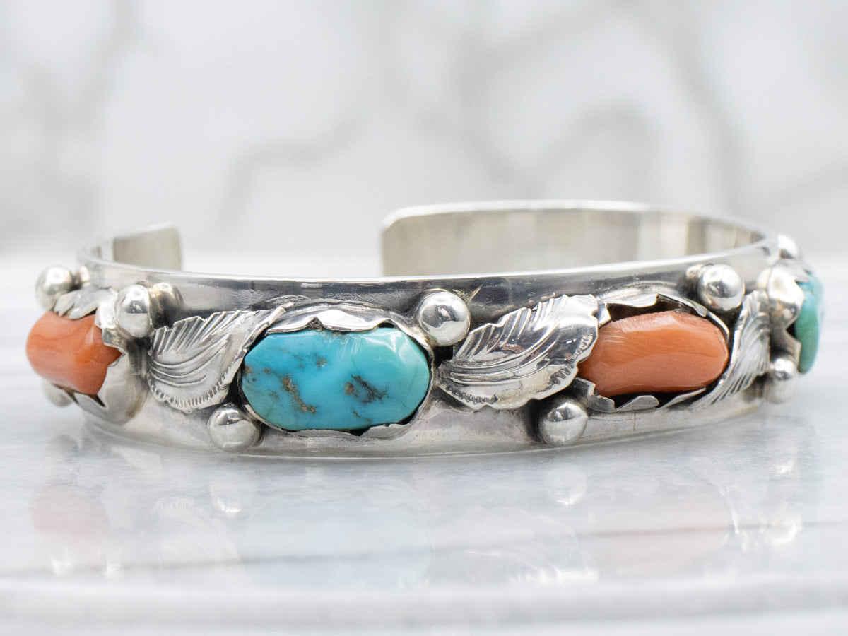 Sterling Silver Vintage Dan Simplicio Navajo Turquoise and Coral Botanical Cuff Bracelet