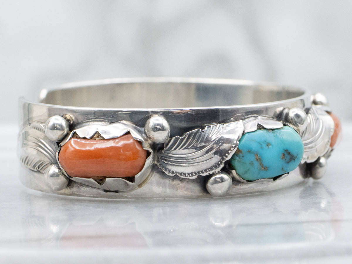 Sterling Silver Vintage Dan Simplicio Navajo Turquoise and Coral Botanical Cuff Bracelet