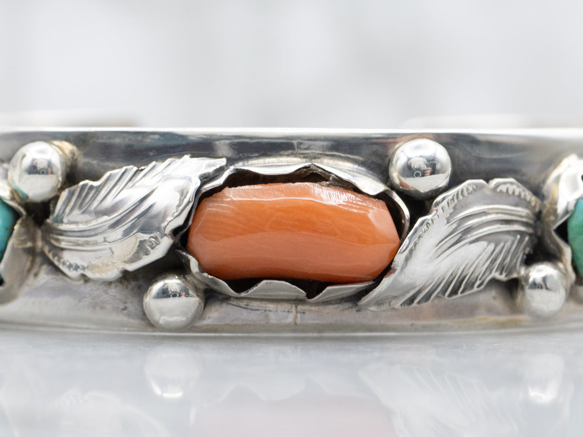Sterling Silver Vintage Dan Simplicio Navajo Turquoise and Coral Botanical Cuff Bracelet