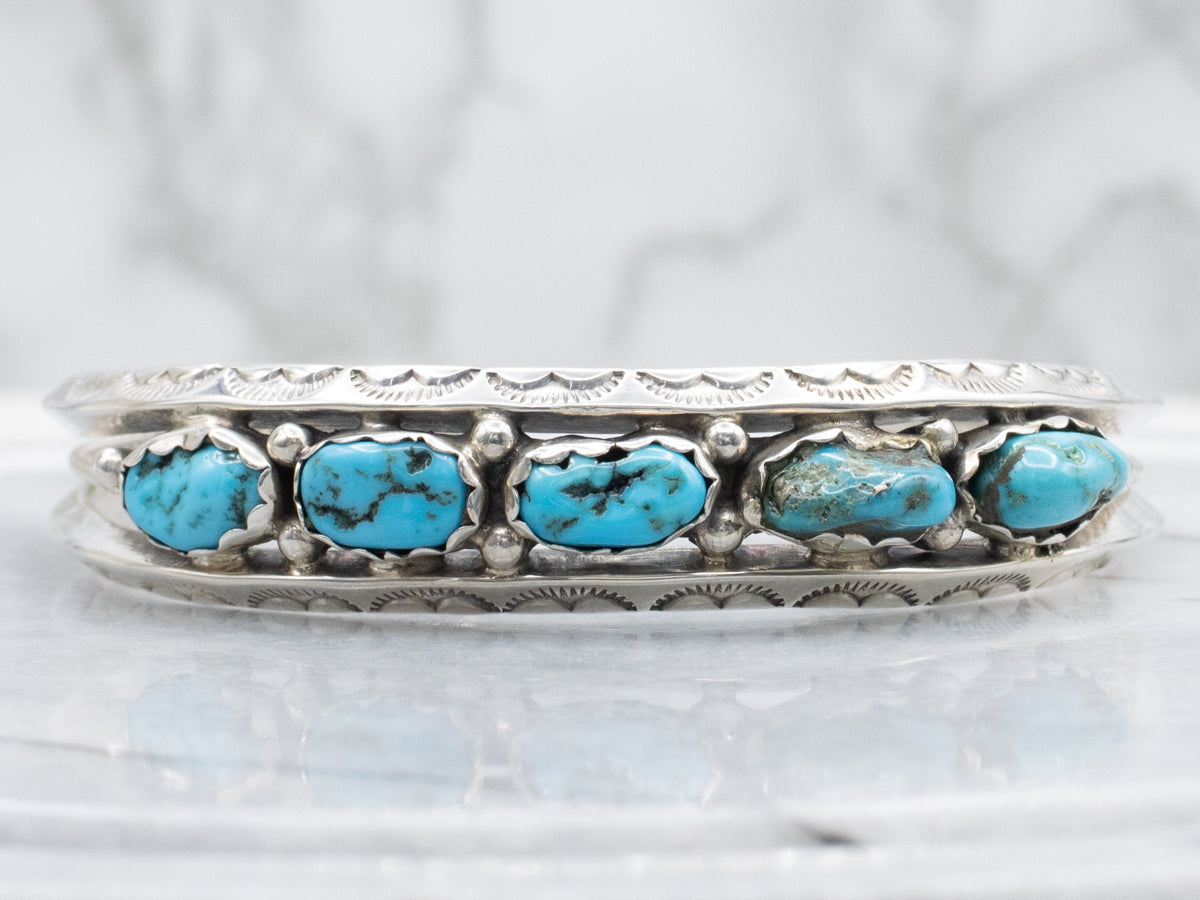 Navajo Sterling Silver Turquoise Nugget Stamped Scallop Cuff Bracelet