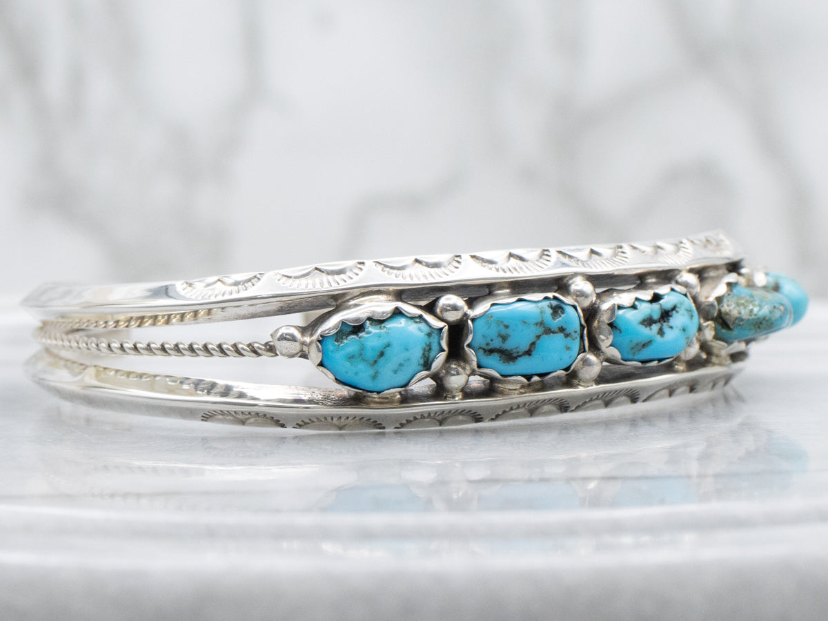 Navajo Sterling Silver Turquoise Nugget Stamped Scallop Cuff Bracelet