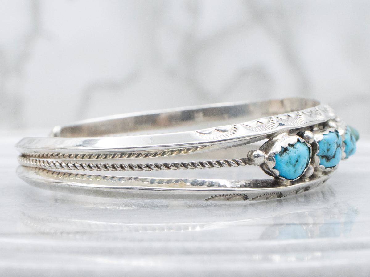 Navajo Sterling Silver Turquoise Nugget Stamped Scallop Cuff Bracelet