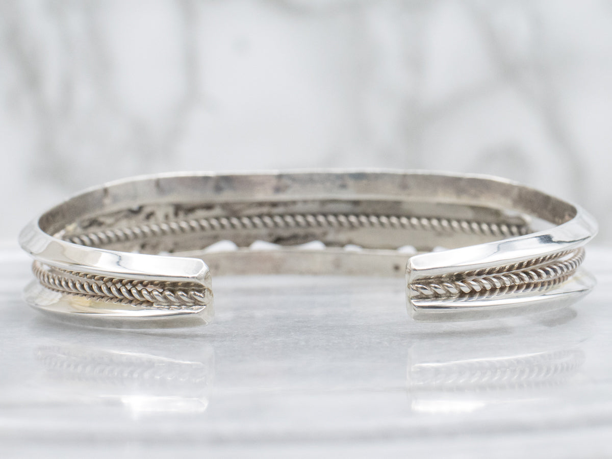 Navajo Sterling Silver Turquoise Nugget Stamped Scallop Cuff Bracelet