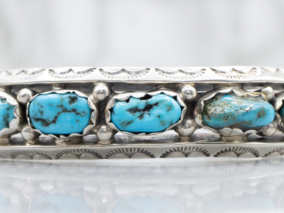 Navajo Sterling Silver Turquoise Nugget Stamped Scallop Cuff Bracelet