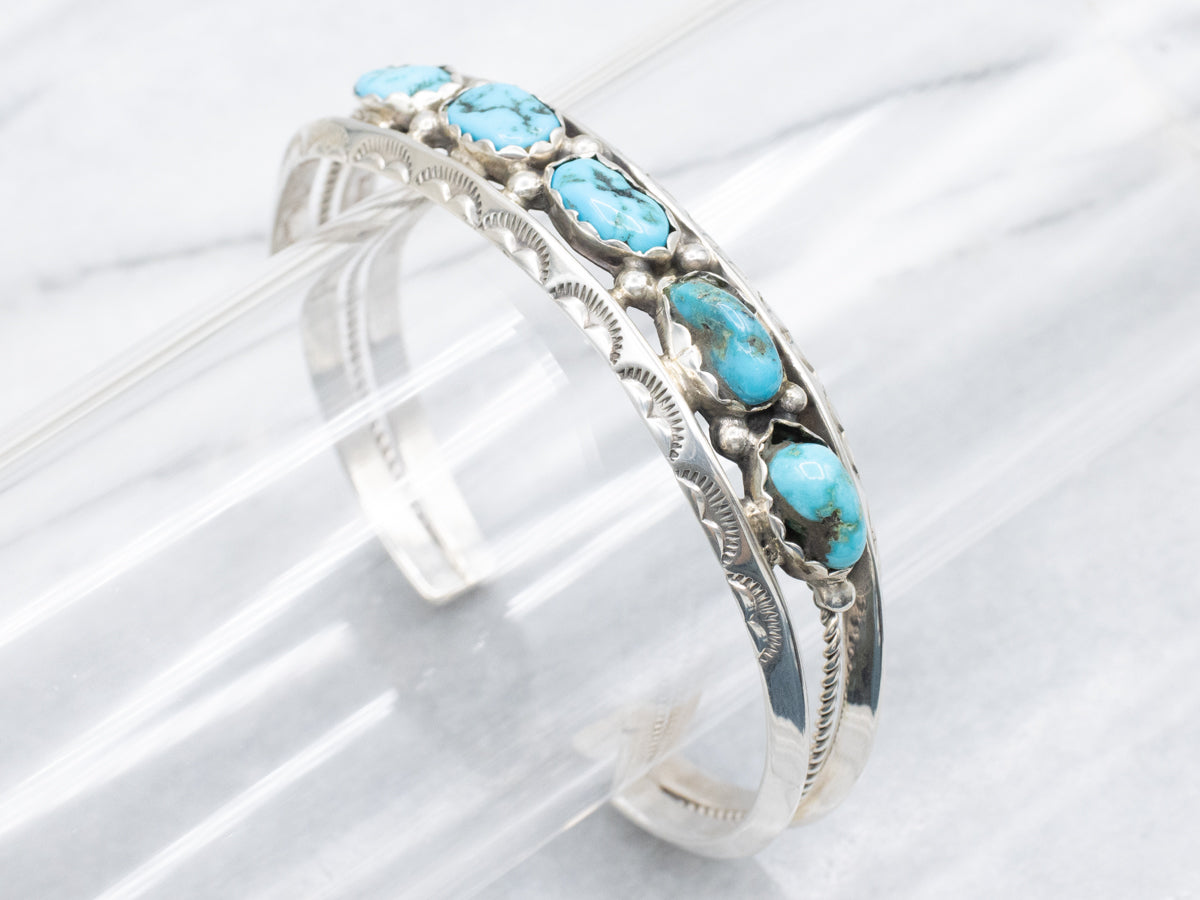 Navajo Sterling Silver Turquoise Nugget Stamped Scallop Cuff Bracelet
