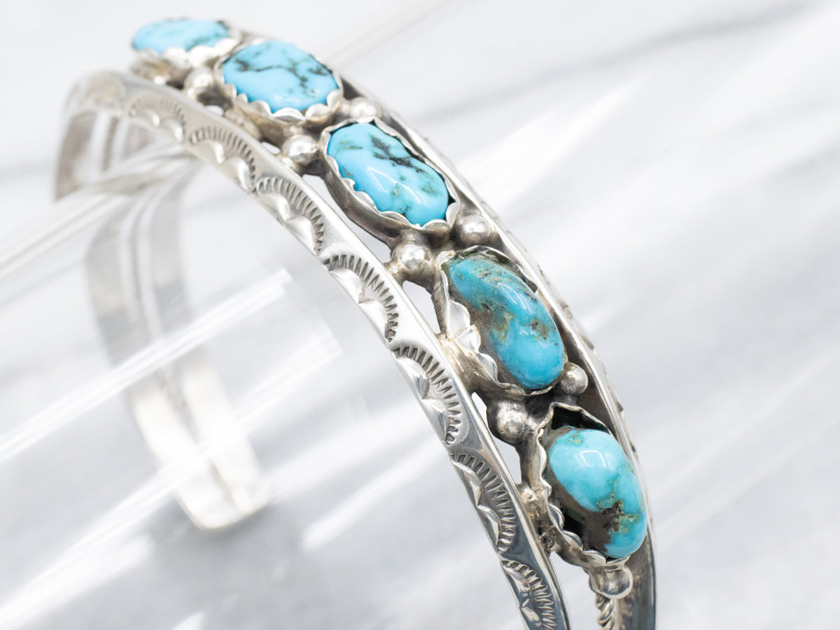 Navajo Sterling Silver Turquoise Nugget Stamped Scallop Cuff Bracelet