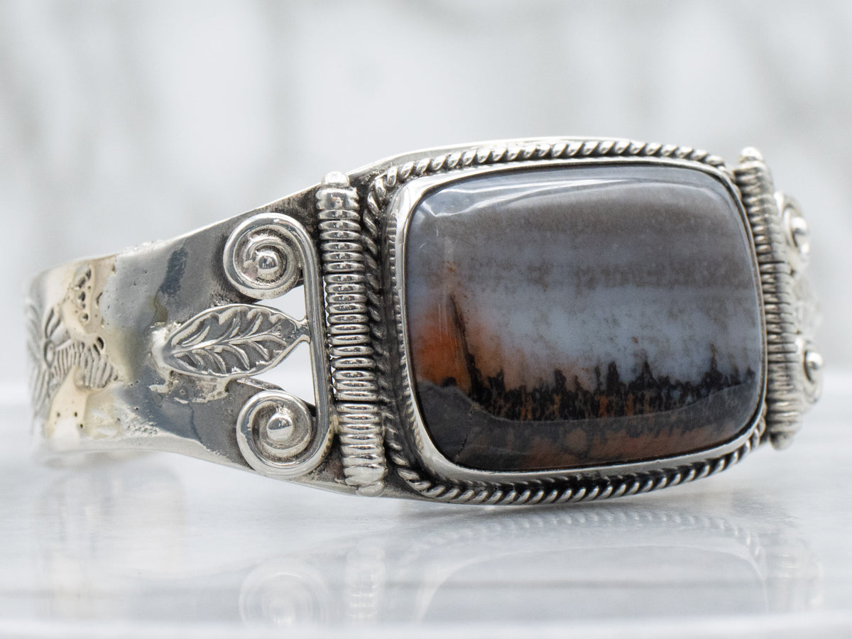 Sterling Silver Rectangle-Cut Agate Botanical Stamped Cuff Bracelet