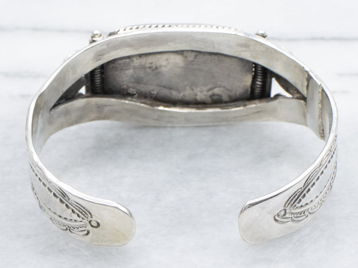 Sterling Silver Rectangle-Cut Agate Botanical Stamped Cuff Bracelet