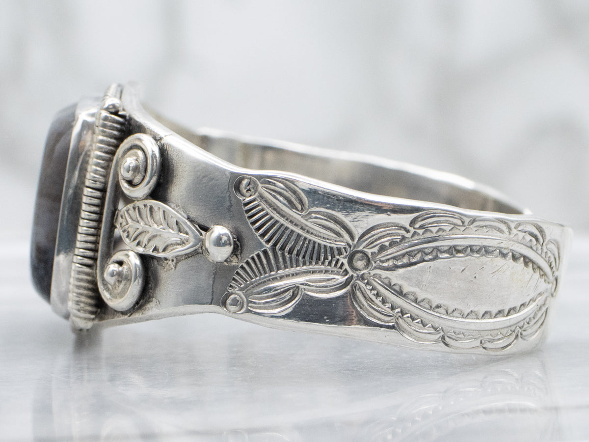 Sterling Silver Rectangle-Cut Agate Botanical Stamped Cuff Bracelet