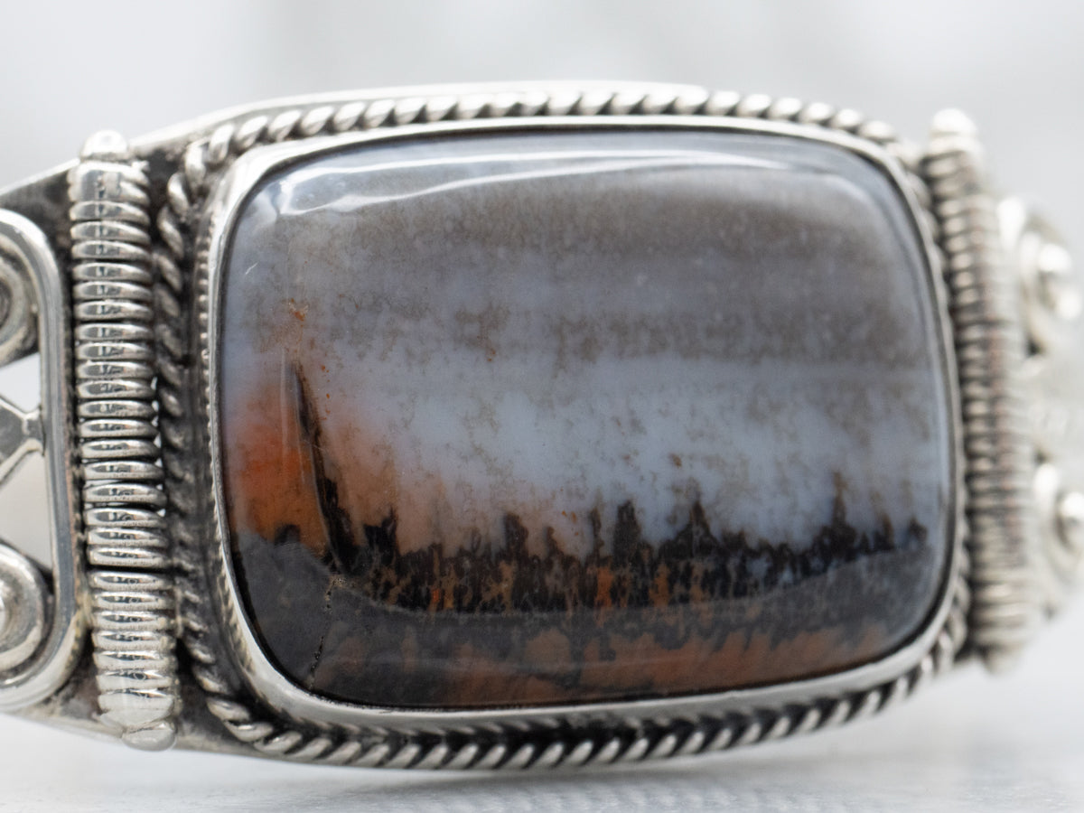 Sterling Silver Rectangle-Cut Agate Botanical Stamped Cuff Bracelet
