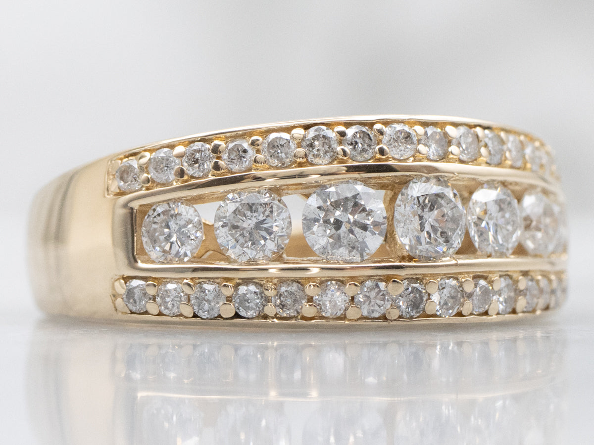 Wide Yellow Gold Triple-Row Diamond Band