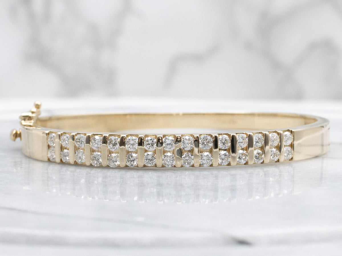 Bar-Set Diamond Yellow Gold Hinged Bangle Bracelet